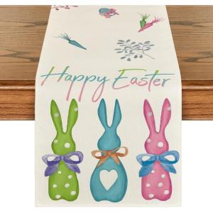 Artoid Mode Green Blue Pink Rabbit Bunny Happy Easter Table Runner, Spring Seasonal Holiday Kitchen Dining Table Decoration for Home Party Decor 13 x 72 Inch(Green/Blue/Pink)