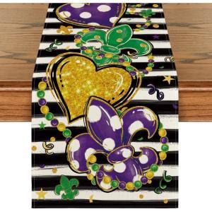 Artoid Mode Iris Jewellery Hearts Mardi Gras Table Runner, Seasonal Kitchen Dining Table Decoration for Home Party Decor 13×72 Inch(Black/Beige)