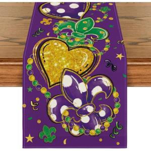 Artoid Mode Iris Jewellery Hearts Mardi Gras Table Runner, Seasonal Kitchen Dining Table Decoration for Home Party Decor 13×72 Inch(Purple)