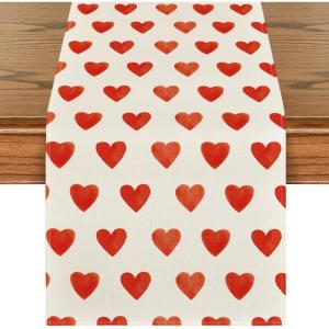 Artoid Mode Love Heart Valentine’s Day Table Runner, Seasonal Anniversary Kitchen Dining Table Decoration for Indoor Home Party 13×72 Inch(White)