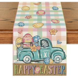 Artoid Mode Pink Yellow Buffalo Plaid Carrot Egg Truck Daisy Happy Easter Table Runner, Seasonal Kitchen Dining Table Decoration for Indoor Home Party 13×72 Inch(Pink /Yellow)