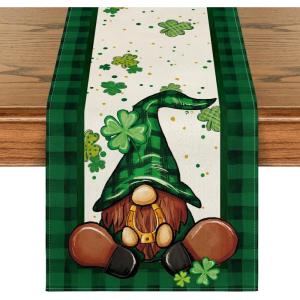 Artoid Mode Shamrock Buffalo Plaid Gnomes Lucky St. Patrick’s Day Table Runner, Kitchen Dining Table Decor for Outdoor Home Party Decor 13 x 72 Inch(Black/Green)