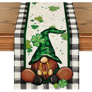 Artoid Mode Shamrock Buffalo Plaid Gnomes Lucky St. Patrick’s Day Table Runner, Kitchen Dining Table Decor for Outdoor Home Party Decor 13 x 72 Inch(Black/White)