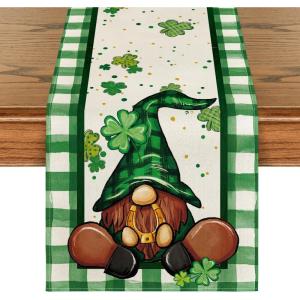 Artoid Mode Shamrock Buffalo Plaid Gnomes Lucky St. Patrick’s Day Table Runner, Kitchen Dining Table Decor for Outdoor Home Party Decor 13 x 72 Inch(White/Green)