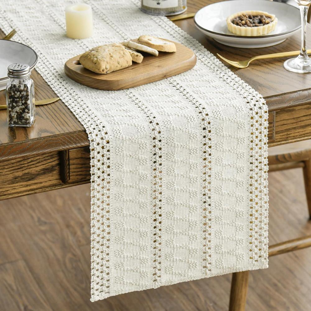imageArtoid Mode Army Green Farmhouse Woven Rustic Hollow Table Runner Seasonal Holiday Hollow Kitchen Dining Table Decoration for Home Party Decor 12x72 InchBeige