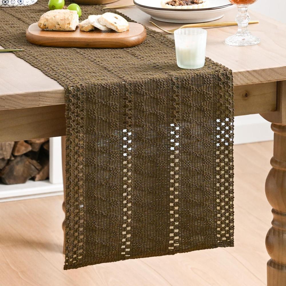 imageArtoid Mode Army Green Farmhouse Woven Rustic Hollow Table Runner Seasonal Holiday Hollow Kitchen Dining Table Decoration for Home Party Decor 12x72 InchLight Coffee