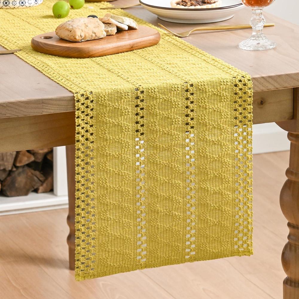 imageArtoid Mode Army Green Farmhouse Woven Rustic Hollow Table Runner Seasonal Holiday Hollow Kitchen Dining Table Decoration for Home Party Decor 12x72 InchYellow