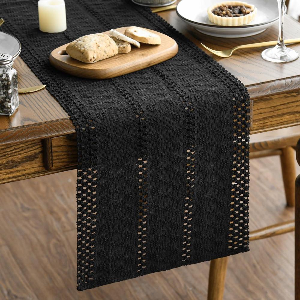 imageArtoid Mode Army Green Farmhouse Woven Rustic Hollow Table Runner Seasonal Holiday Hollow Kitchen Dining Table Decoration for Home Party Decor 12x72 InchBlack
