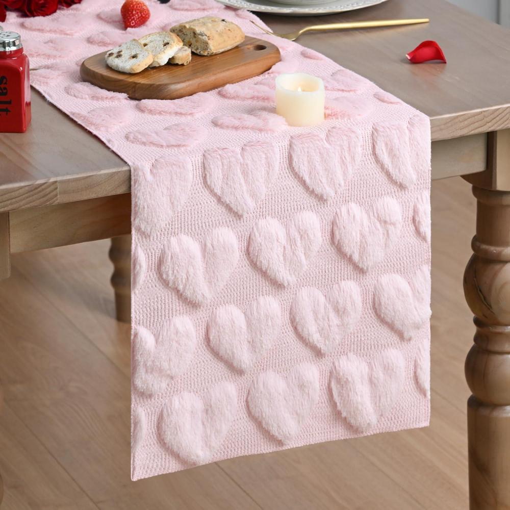 imageArtoid Mode Beige Soft Plush Faux Fur Jacquard Love Heart Valentines Table Runner Kitchen Dining Table Decoration for Home Party Decor 13x72 InchPink