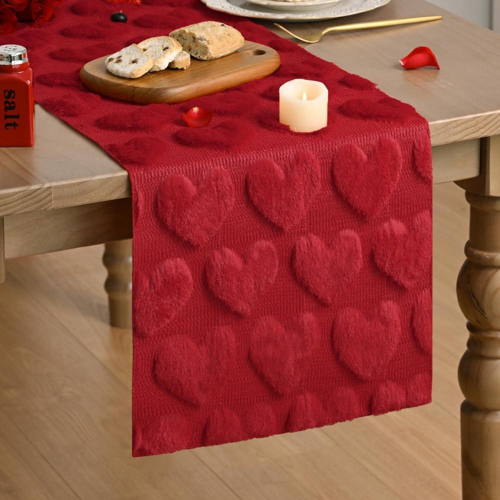 imageArtoid Mode Beige Soft Plush Faux Fur Jacquard Love Heart Valentines Table Runner Kitchen Dining Table Decoration for Home Party Decor 13x72 InchRed