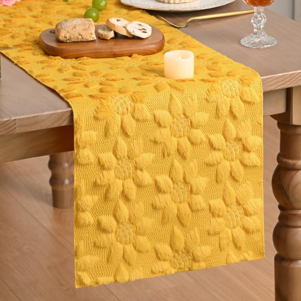 imageArtoid Mode Green Soft Plush Faux Fur Jacquard Embroidery Sunflower Spring Table Runner Kitchen Dining Table Decoration for Home Party Decor 13x72 InchYellow
