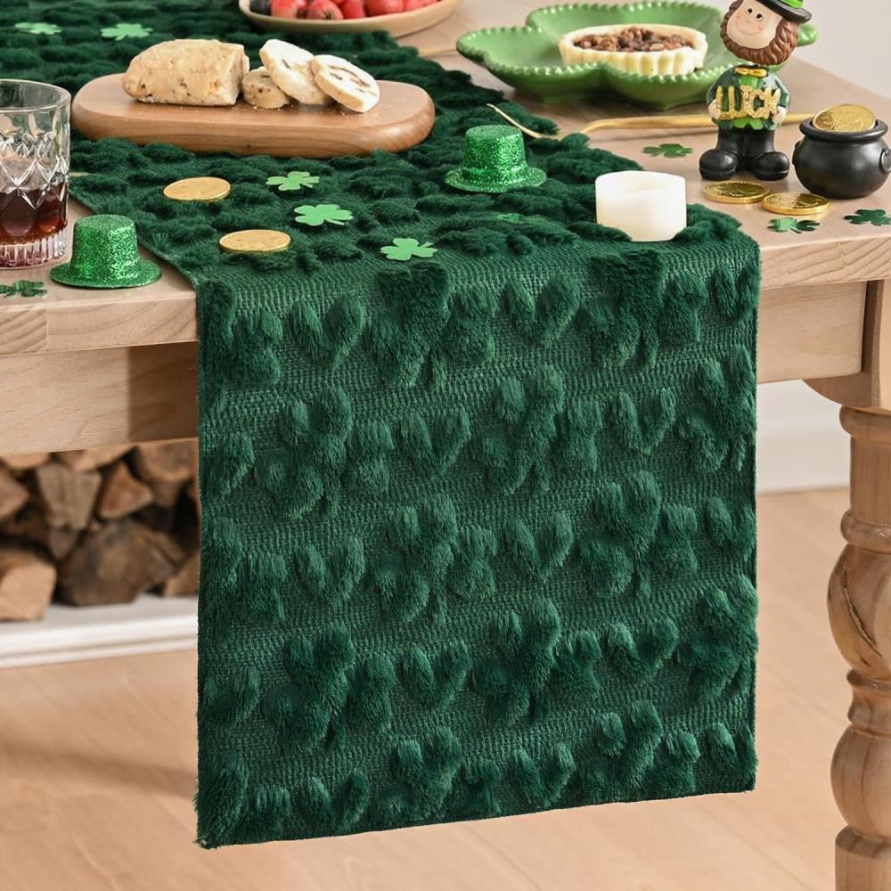 imageArtoid Mode Sage Green Soft Plush Faux Fur Jacquard Heart Clover St Patricks Day Table Runner Seasonal Kitchen Dining Table Decoration for Home Party Decor 13x72 InchGreen