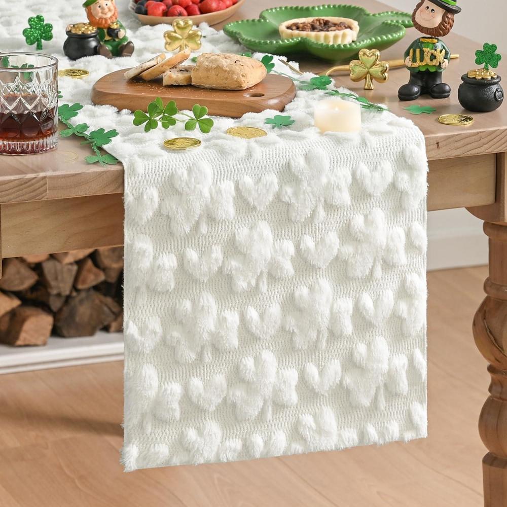 imageArtoid Mode Sage Green Soft Plush Faux Fur Jacquard Heart Clover St Patricks Day Table Runner Seasonal Kitchen Dining Table Decoration for Home Party Decor 13x72 InchWhite