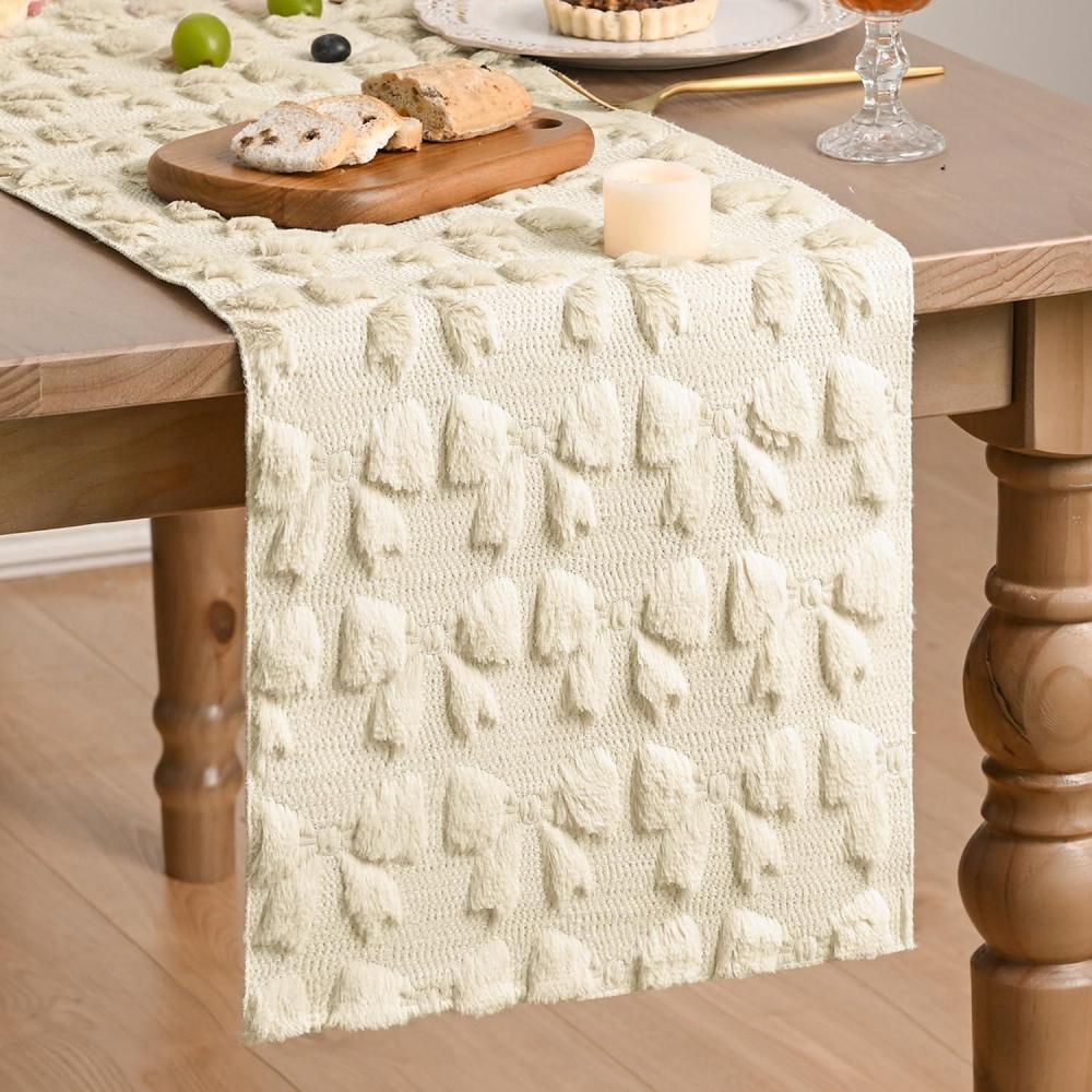 imageArtoid Mode White Soft Plush Faux Fur Jacquard Bows Table Runner Valentines Kitchen Dining Table Decoration for Home Party Decor 13x72 InchBeige