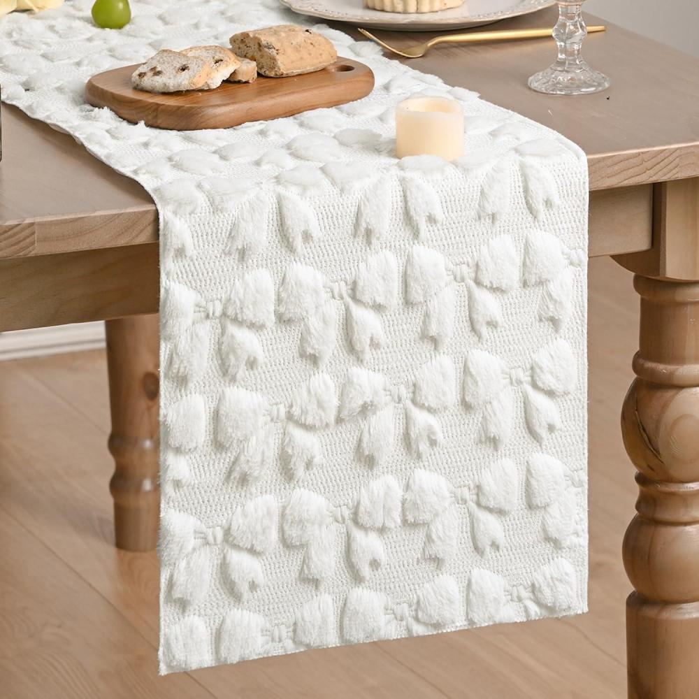 imageArtoid Mode White Soft Plush Faux Fur Jacquard Bows Table Runner Valentines Kitchen Dining Table Decoration for Home Party Decor 13x72 InchWhite