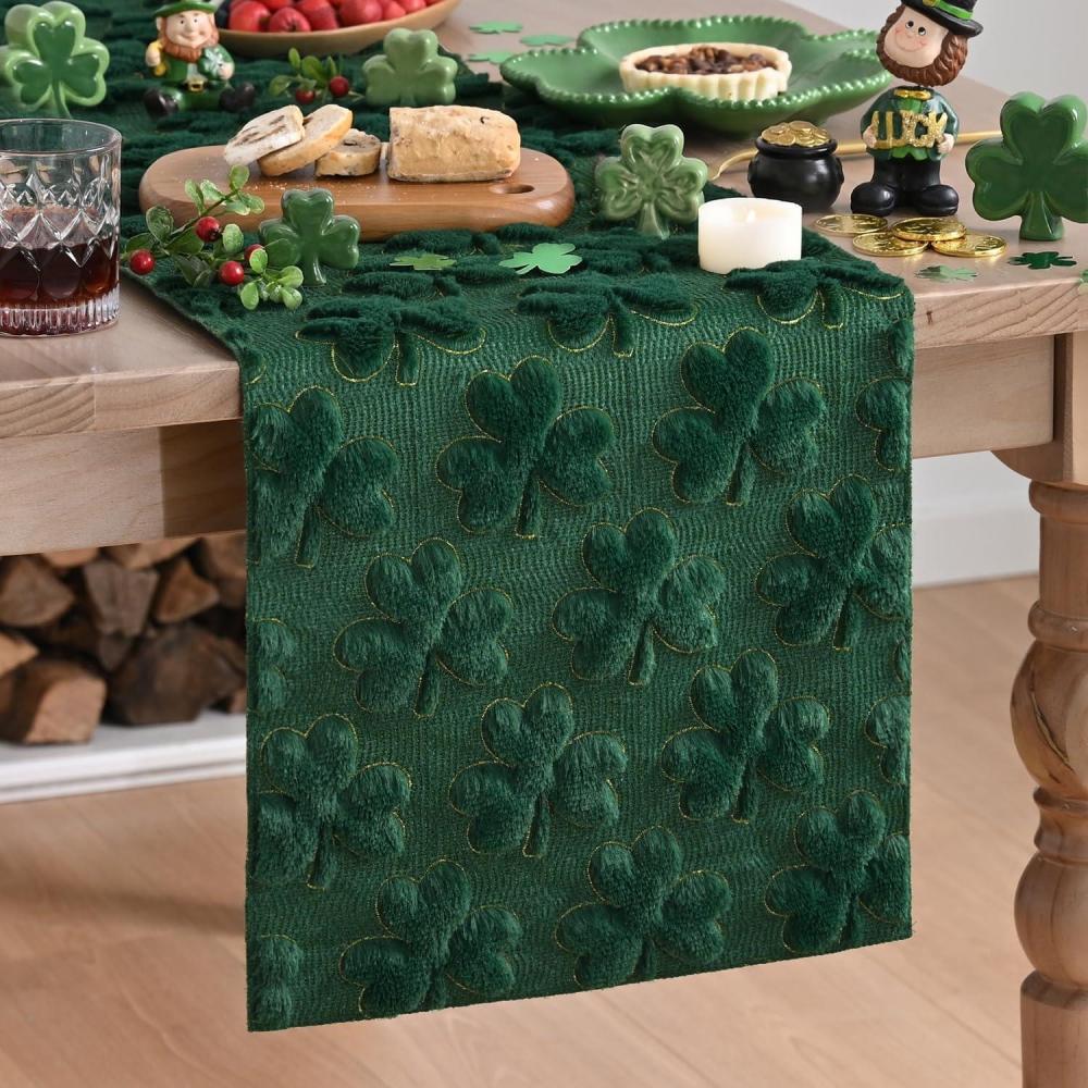 imageArtoid Mode White Soft Plush Faux Fur Jacquard Lucky Clover St Patricks Day Table Runner Seasonal Spring Kitchen Dining Table Decoration for Home Party Decor 13x72 InchGreenGolden