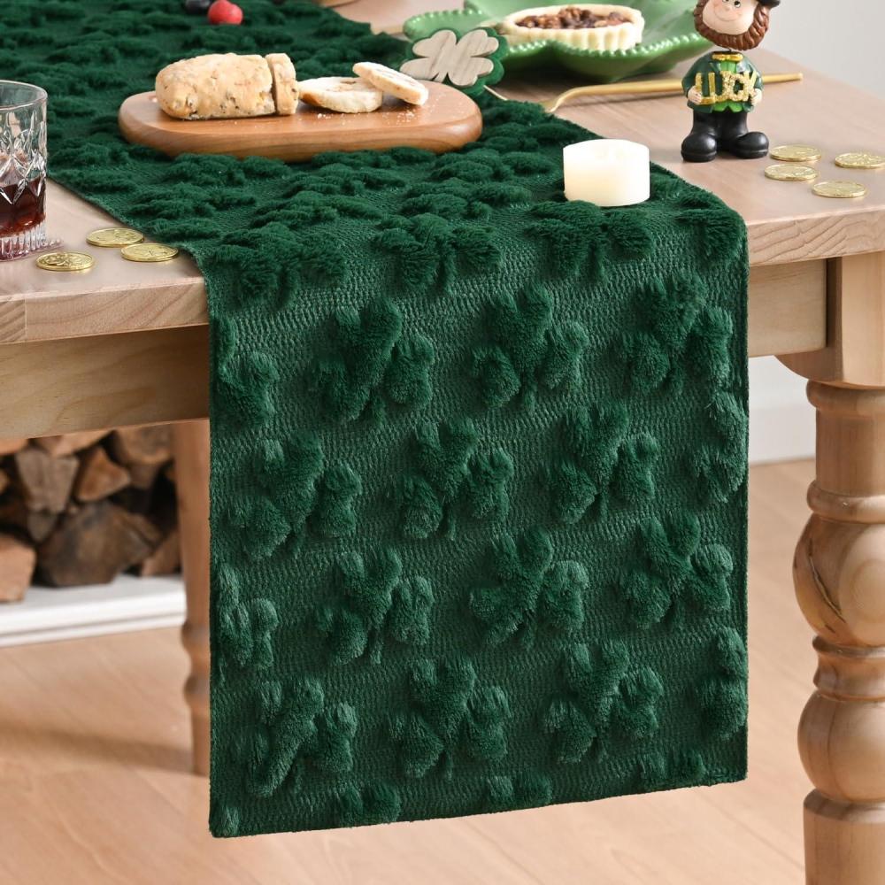 imageArtoid Mode White Soft Plush Faux Fur Jacquard Lucky Clover St Patricks Day Table Runner Seasonal Spring Kitchen Dining Table Decoration for Home Party Decor 13x72 InchGreen