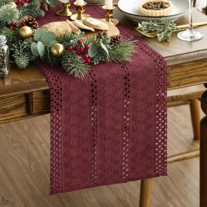 Artoid Mode Army Green Farmhouse Woven Rustic Hollow Table Runner, Seasonal Holiday Hollow Kitchen Dining Table Decoration for Home Party Decor 12×72 Inch(Red)