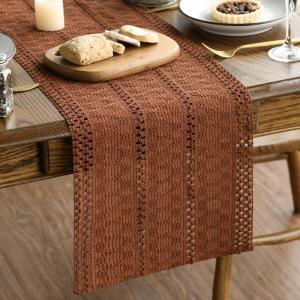 Artoid Mode Army Green Farmhouse Woven Rustic Hollow Table Runner, Seasonal Holiday Hollow Kitchen Dining Table Decoration for Home Party Decor 12×72 Inch(Caramel)