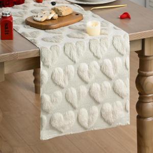 Artoid Mode Beige Soft Plush Faux Fur Jacquard Love Heart Valentine’s Table Runner, Kitchen Dining Table Decoration for Home Party Decor 13×72 Inch(Beige)