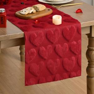 Artoid Mode Beige Soft Plush Faux Fur Jacquard Love Heart Valentine’s Table Runner, Kitchen Dining Table Decoration for Home Party Decor 13×72 Inch(Red)