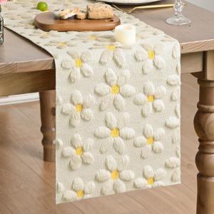 Artoid Mode Blue Soft Plush Faux Fur Jacquard Embroidery Daisy Spring Table Runner, Kitchen Dining Table Decoration for Home Party Decor 13×72 Inch(Beige)