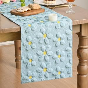 Artoid Mode Blue Soft Plush Faux Fur Jacquard Embroidery Daisy Spring Table Runner, Kitchen Dining Table Decoration for Home Party Decor 13×72 Inch(Blue)