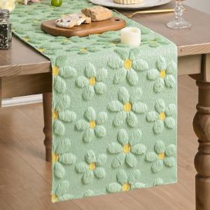 Artoid Mode Blue Soft Plush Faux Fur Jacquard Embroidery Daisy Spring Table Runner, Kitchen Dining Table Decoration for Home Party Decor 13×72 Inch(Green)