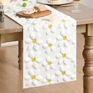 Artoid Mode Blue Soft Plush Faux Fur Jacquard Embroidery Daisy Spring Table Runner, Kitchen Dining Table Decoration for Home Party Decor 13×72 Inch(White)