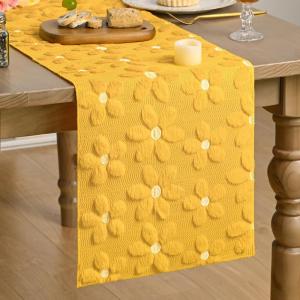 Artoid Mode Blue Soft Plush Faux Fur Jacquard Embroidery Daisy Spring Table Runner, Kitchen Dining Table Decoration for Home Party Decor 13×72 Inch(Yellow)