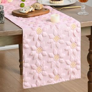 Artoid Mode Green Soft Plush Faux Fur Jacquard Embroidery Sunflower Spring Table Runner, Kitchen Dining Table Decoration for Home Party Decor 13×72 Inch(Pink)