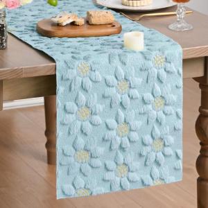 Artoid Mode Green Soft Plush Faux Fur Jacquard Embroidery Sunflower Spring Table Runner, Kitchen Dining Table Decoration for Home Party Decor 13×72 Inch(Blue)