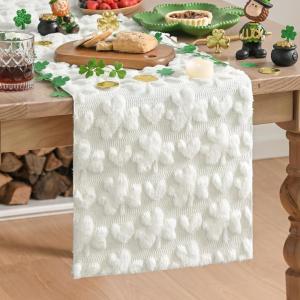 Artoid Mode Sage Green Soft Plush Faux Fur Jacquard Heart Clover St. Patrick’s Day Table Runner, Seasonal Kitchen Dining Table Decoration for Home Party Decor 13×72 Inch(White)
