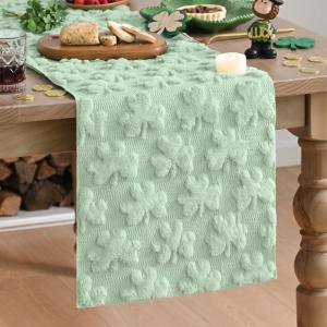 Artoid Mode White Soft Plush Faux Fur Jacquard Lucky Clover St. Patrick’s Day Table Runner, Seasonal Spring Kitchen Dining Table Decoration for Home Party Decor 13×72 Inch(Sage Green)