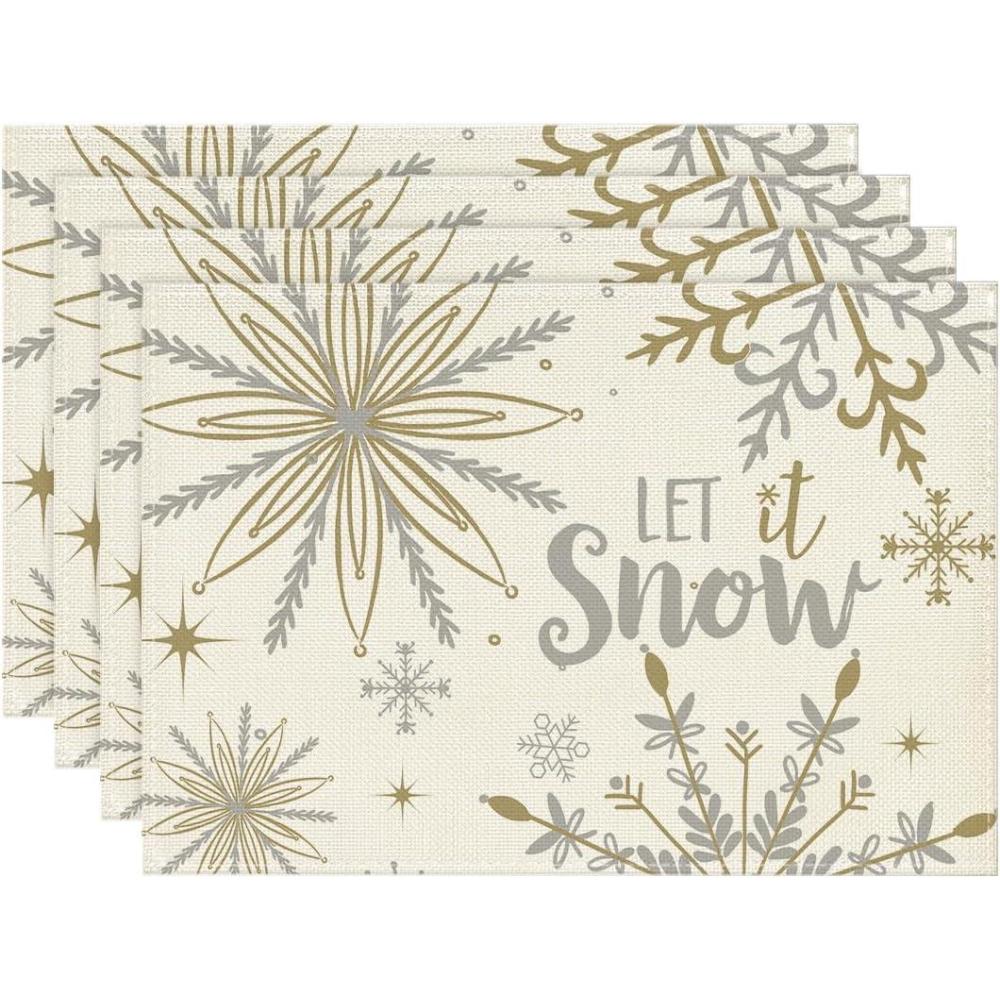 imageArtoid Mode Beige Snowflake Let It Snow Winter Placemats Set of 4 14 Inch Seasonal Christmas Xmas Round Table Mats for Dining DecorationBeigeSilver