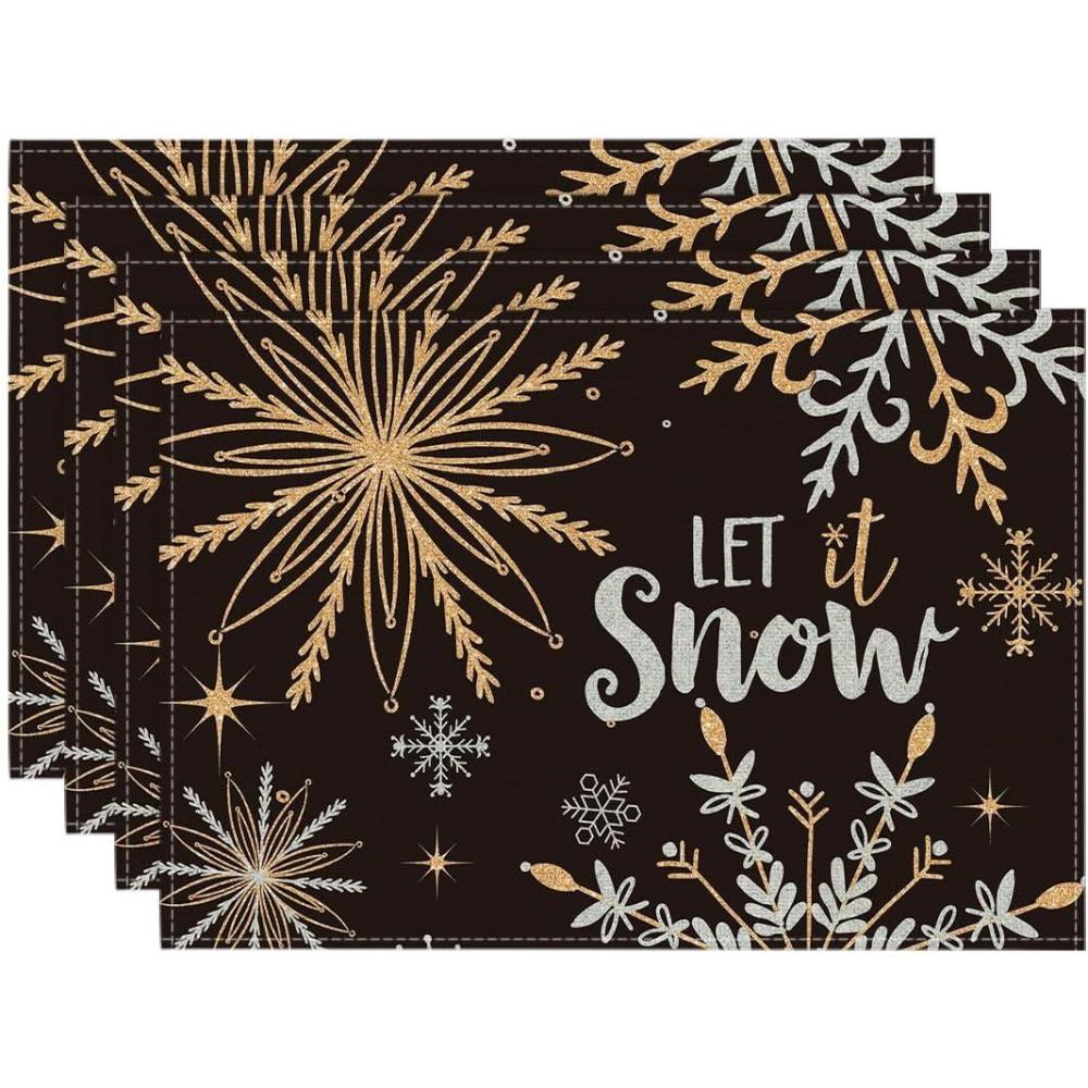 imageArtoid Mode Beige Snowflake Let It Snow Winter Placemats Set of 4 14 Inch Seasonal Christmas Xmas Round Table Mats for Dining DecorationBlackSilver