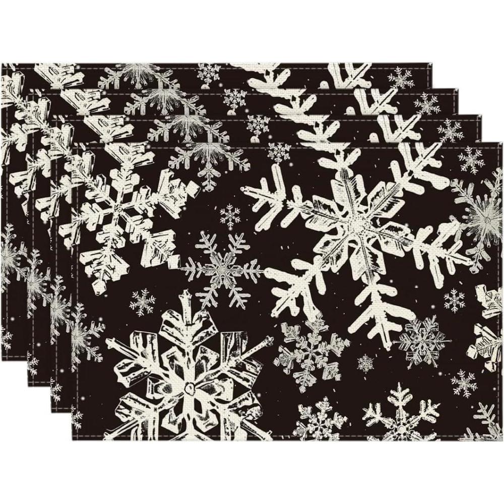 imageArtoid Mode Black Snowflakes Christmas Placemats for Dining Table 12 x 18 Inch Seasonal Winter Washable Table Mats Set of 4Black