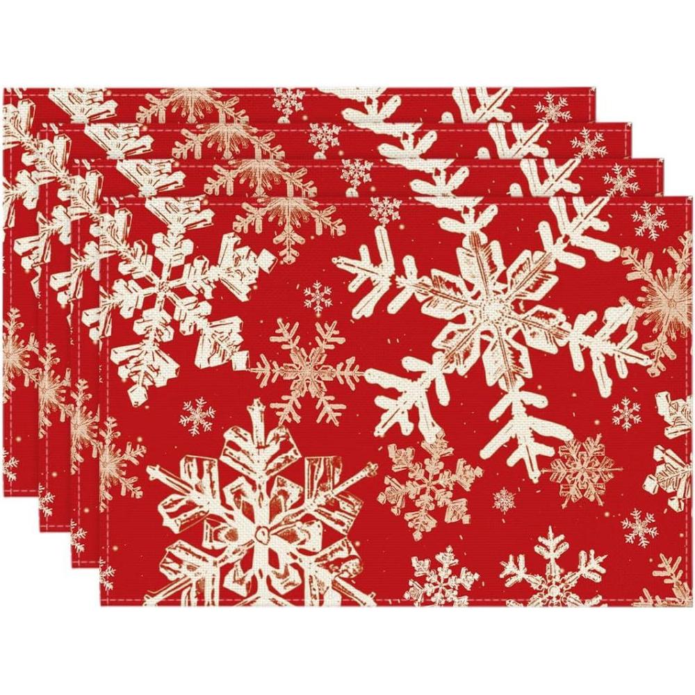 imageArtoid Mode Black Snowflakes Christmas Placemats for Dining Table 12 x 18 Inch Seasonal Winter Washable Table Mats Set of 4Red