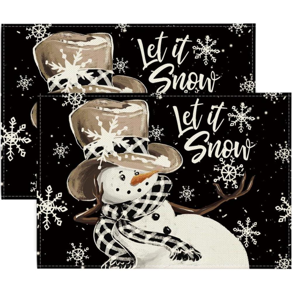 imageArtoid Mode Black Snowman Snowflakes Let it Snow Winter Placemats Set of 4 14 Inch Seasonal Christmas Round Table Mats for Dining DecorationBlack