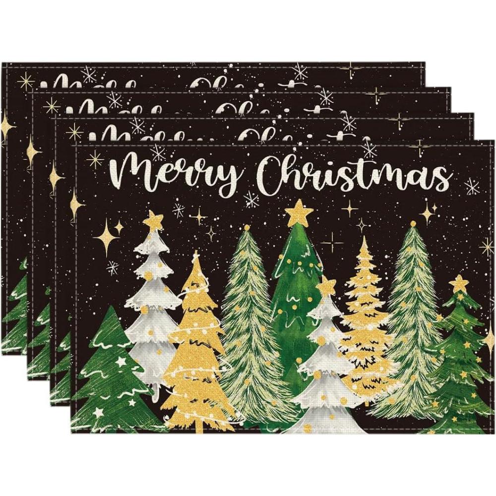 imageArtoid Mode Black Stars Xmas Tree Merry Christmas Round Placemats Set of 4 14 Inch Christmas Round Table Mats for Dining DecorationBlack