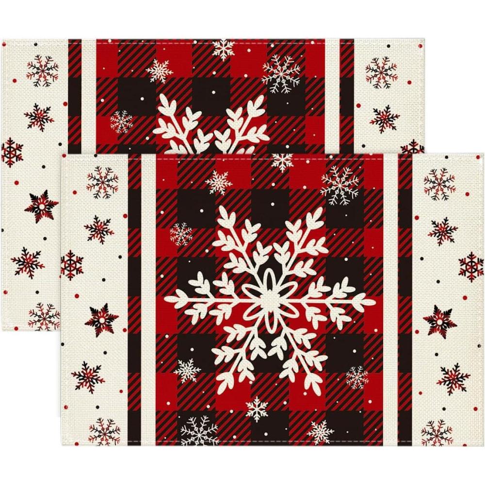 imageArtoid Mode Buffalo Plaid Snowflakes Winter Placemats Set of 4 14 Inch Seasonal Christmas Round Table Mats for Dining DecorationRed