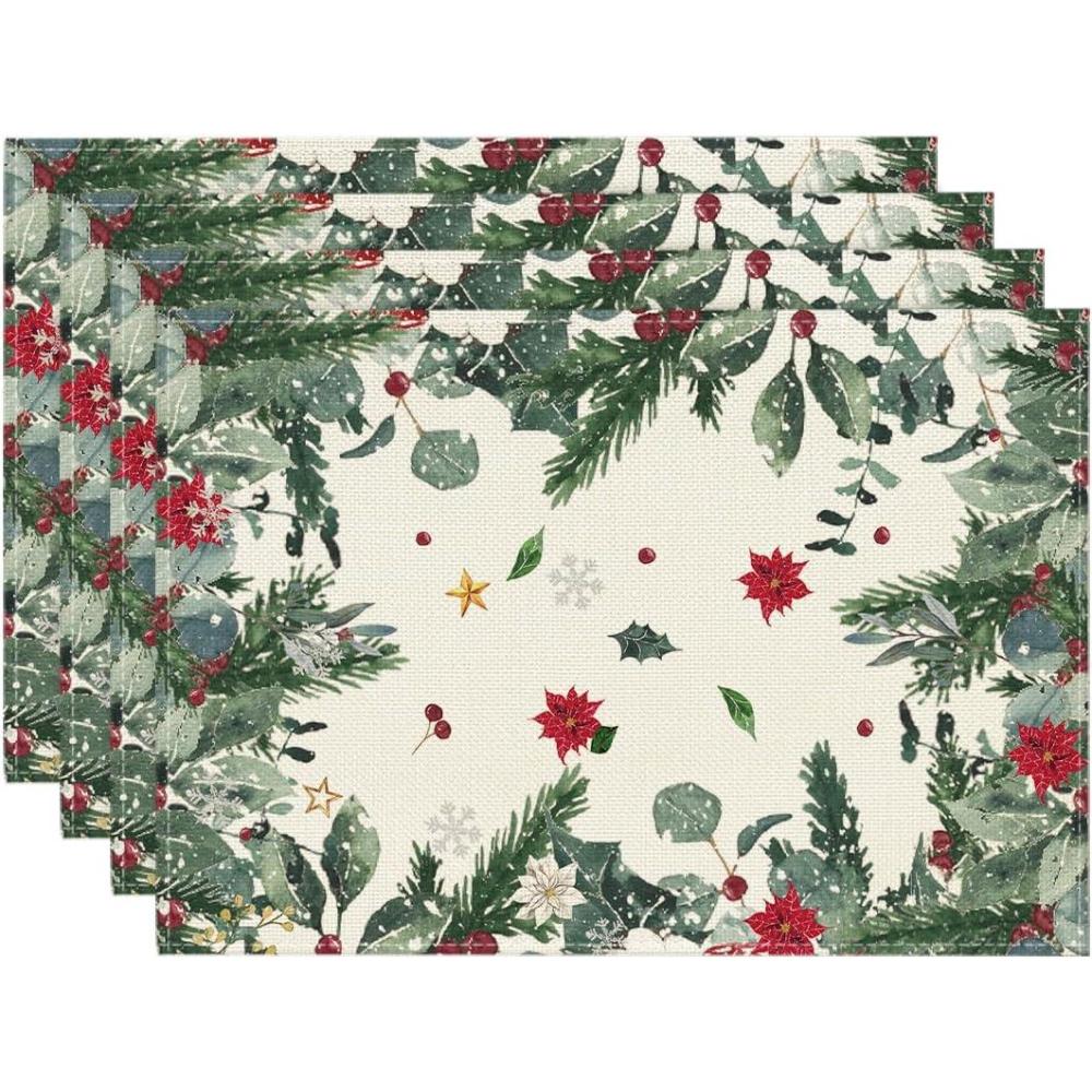 imageArtoid Mode Poinsettia Holly Leaves Merry Christmas Round Placemats Set of 4 14 Inch Winter Round Table Mats for Dining DecorationGreenBeige