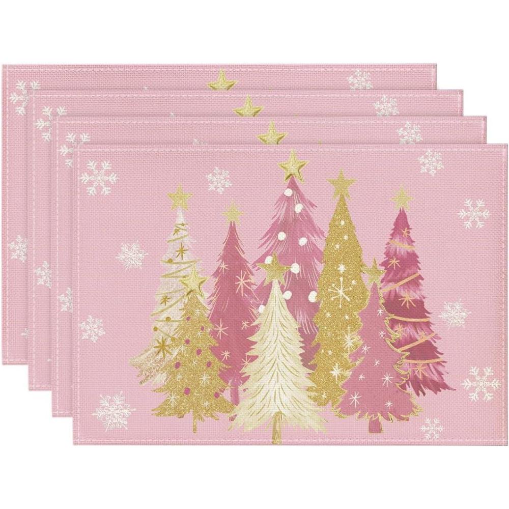 imageArtoid Mode Xmas Trees Snowflakes Winter Placemats Set of 4 12x18 Inch Seasonal Red Christmas Table Mats for Party Kitchen Dining DecorationPink