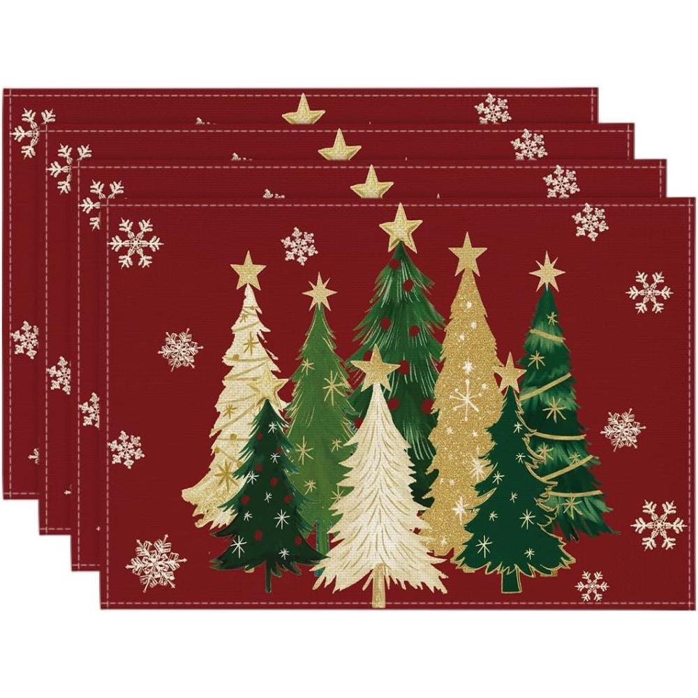 imageArtoid Mode Xmas Trees Snowflakes Winter Placemats Set of 4 12x18 Inch Seasonal Red Christmas Table Mats for Party Kitchen Dining DecorationRed