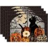 Artoid Mode Boo Black Cat Pumpkins Halloween Placemats Set of 6, Trick Or Treat 12×18 Inch Seasonal Fall Holiday Table Mats for Party Kitchen Dining Decoration(Black/Orange)