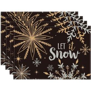 Artoid Mode Beige Snowflake Let It Snow Winter Placemats Set of 4, 14 Inch Seasonal Christmas Xmas Round Table Mats for Dining Decoration(Black/Silver)