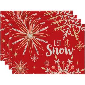 Artoid Mode Beige Snowflake Let It Snow Winter Placemats Set of 4, 14 Inch Seasonal Christmas Xmas Round Table Mats for Dining Decoration(Red/Silver)