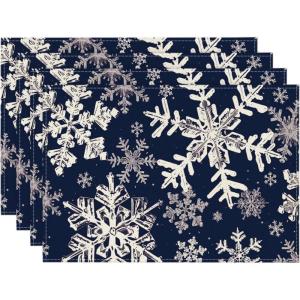 Artoid Mode Black Snowflakes Christmas Placemats for Dining Table, 12 x 18 Inch Seasonal Winter Washable Table Mats Set of 4(Navy Blue)