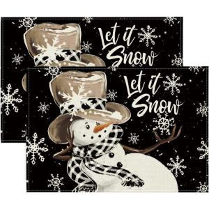 Artoid Mode Black Snowman Snowflakes Let it Snow Winter Placemats Set of 4, 14 Inch Seasonal Christmas Round Table Mats for Dining Decoration(Black)