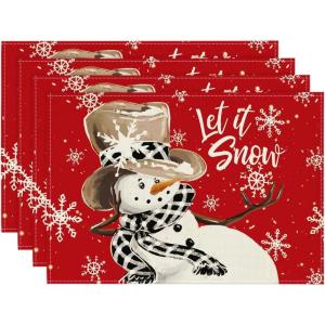 Artoid Mode Black Snowman Snowflakes Let it Snow Winter Placemats Set of 4, 14 Inch Seasonal Christmas Round Table Mats for Dining Decoration(Red)
